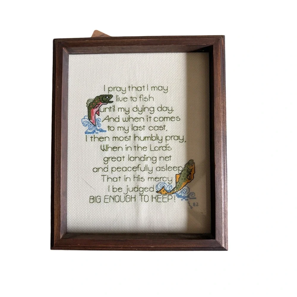 Vintage 1982 Fisherman's Prayer Cross Stitch Framed Art Trout Fishing Decor 8x10